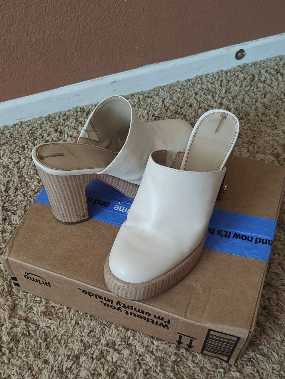 Sam Edelman Cream Leather Slip-On Block Heel Mules